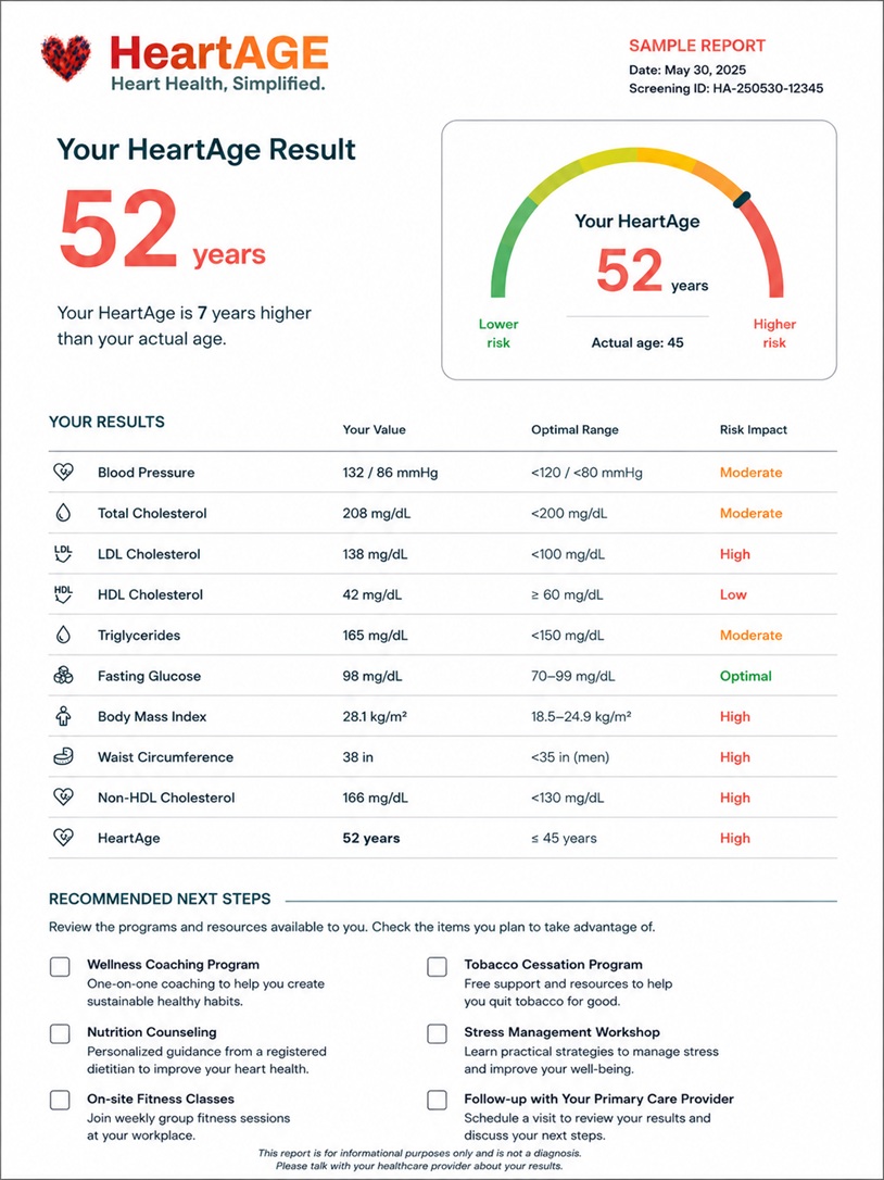 Sample HeartAge report showing a HeartAge result, cardiovascular measurements, risk impact, and recommended next steps